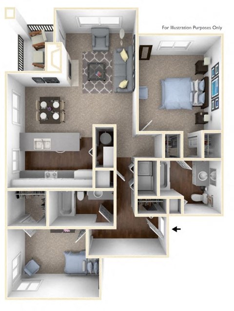a stylized floor plan with a bedroom and a living room